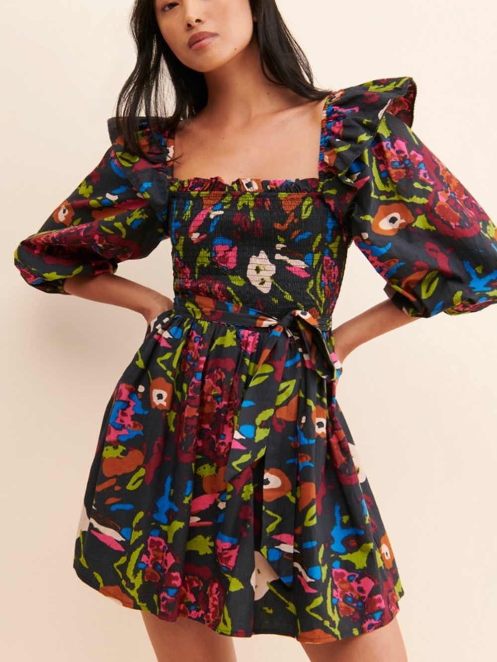 Cleobella Kira Black Floral Smocked Mini Dress with Puff Sleeves